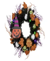 Jack-o'-Lantern in Witches Hat Halloween Pine Wreath, 24" Unlit