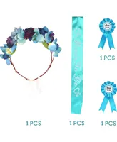Baby Shower Decoration for Mom To Be & Dad To Be, Dark Blue Flowers style Tiara + Blue & White Sash + Blue & White "Dad to be" pin, Maternity Christma