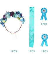 Meant2tobe Baby Shower Decoration for Mom To Be & Dad To Be, Dark Blue Flowers style Tiara + Blue & White Sash + Blue & White "Dad to be" pin, Materni