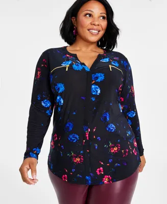 I.n.c. International Concepts Plus Size Floral-Print Long-Sleeve Top, Created for Macy's
