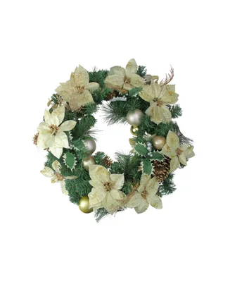 Poinsettia and Pine Cone Artificial Christmas Wreath - 24" Unlit