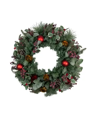 Frosted Long Needle Pine and Ornaments Artificial Christmas Wreath 32"