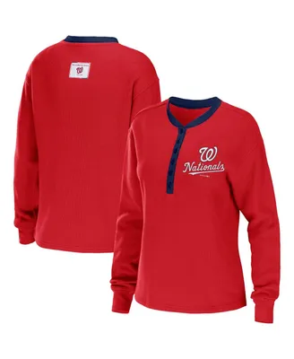 Women's Wear by Erin Andrews Red Washington Nationals Waffle Henley Long Sleeve T-shirt
