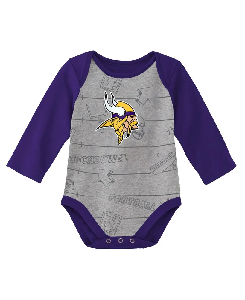Newborn and Infant Boys Girls Purple, Heathered Gray Minnesota Vikings Born To Win Two-Pack Long Sleeve Bodysuit Set