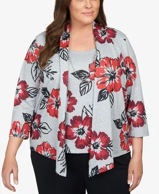 Alfred Dunner Plus Size Classics Stamped Floral Two for One Top with Necklace