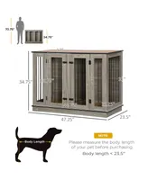 PawHut Large Furniture Style Dog Crate with Removable Panel, End Table with Two Rooms Design and Two Front Doors, Dark Walnut, 47.25" x 23.5" x 34.75"