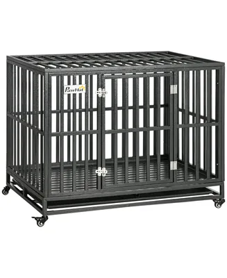PawHut Heavy Duty Dog Crate Metal Kennel and Cage Dog Playpen with Lockable Wheels, Slide-out Tray and Anti-Pinching Floor