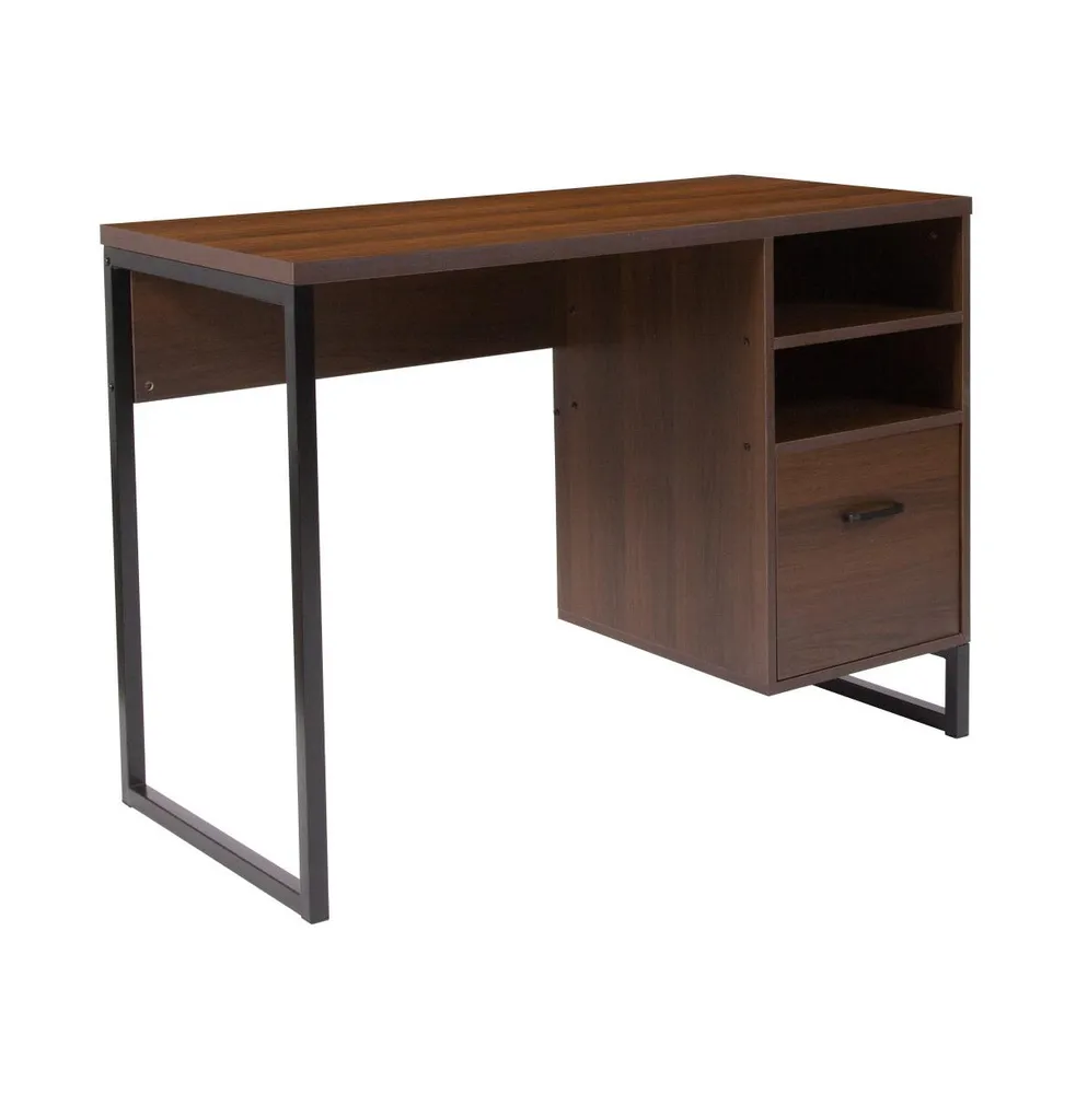 Merrick Lane Brighton Rustic Computer Desk With Shelving And Storage Drawer Metal Frame Pedestal Base Home Office Desk