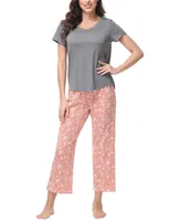 Ink+Ivy Women's 2 Piece Short Sleeve Top with Cropped Wide Leg Pants Pajama Set