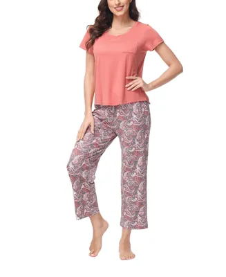 Ink+Ivy Women's 2 Piece Short Sleeve Top with Cropped Wide Leg Pants Pajama Set
