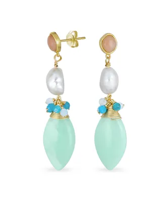 Bling Jewelry Multi Color Geometric Crystal Bead Cultured Baroque Pearl Gemstone Large Pear Shape Amazonite Mint Green Teardrop Earrings Gold Plated