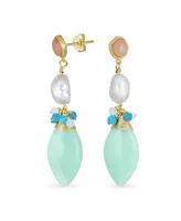 Bling Jewelry Multi Color Geometric Crystal Bead Cultured Baroque Pearl Large Pear Shape Natural Amazonite Mint Green Teardrop Earrings Gold Plated