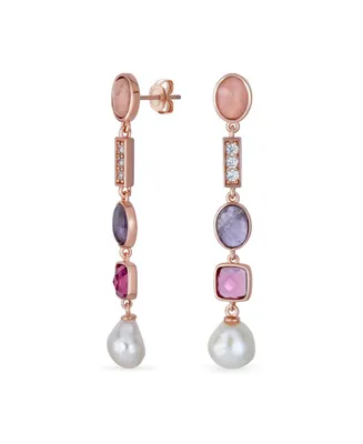 Bling Jewelry Boho Tri Tone Mixed Crystal Accent Linear Thin Long Baroque Pearl Pink Tourmaline Purple Natural Amethyst Dangle Earrings Rose Gold Plat