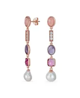 Bling Jewelry Boho Tri Tone Mixed Crystal Accent Linear Thin Long Baroque Pearl Pink Tourmaline Purple Natural Amethyst Dangle Earrings Rose Gold Plat