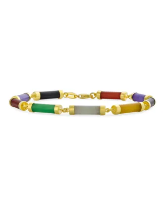 Bling Jewelry Asian Style Gemstone Genuine Multi Color Yellow Red White Green Jade Strand Slender Tube Bar Link Bracelet Gold Plated .925 Sterling Sil