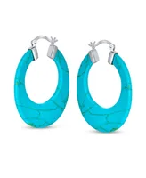 Bling Jewelry Wide Flat Blue Natural Turquoise Large Oval Hoop Earrings For Women Sterling Silver 1.5" Diameter