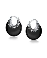 Bling Jewelry Black Natural Onyx Round Half Crescent Hoop Earrings For Women Oxidized Milgrain Caviar Bead Sterling Silver