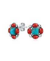 Bling Jewelry Southwestern Native American Style Stabilized Natural Turquoise Red Coral Concho Western Stud Earrings For Women Sterling Silver