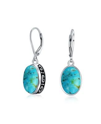 Bling Jewelry Western Style 3.2CT Stabilized Turquoise Dome Oval Bezel Set Lever Back Dangle Earrings For Women .925 Sterling Silver
