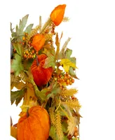Velvet Pumpkins and Wheat Artificial Fall Harvest Wreath - 24" Unlit