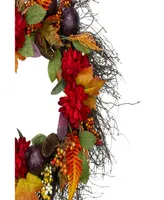 Mums and Pomegranates Artificial Fall Harvest Floral Wreath 28"