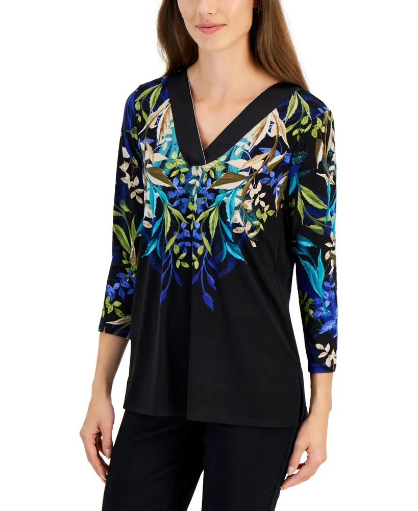 Jm Collection Women's 3/4 Sleeve Printed Jacquard Top, Created for
