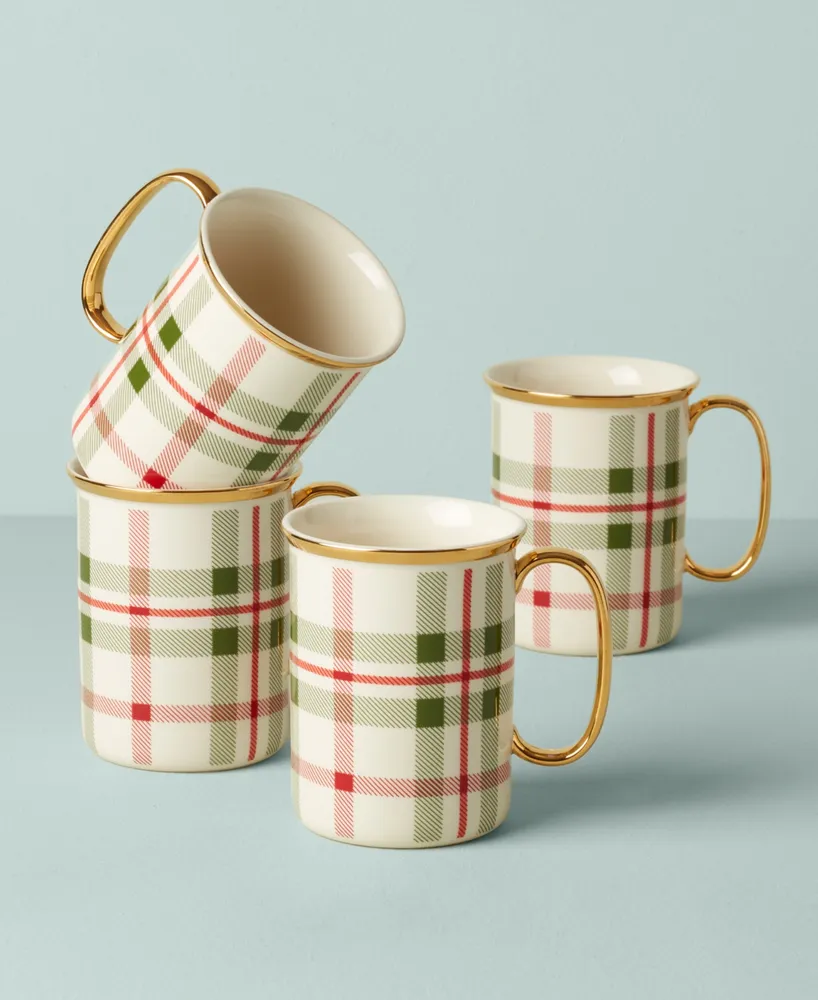Lenox Holiday Plaid Gold-Trimmed Porcelain Mugs, Set Of 4