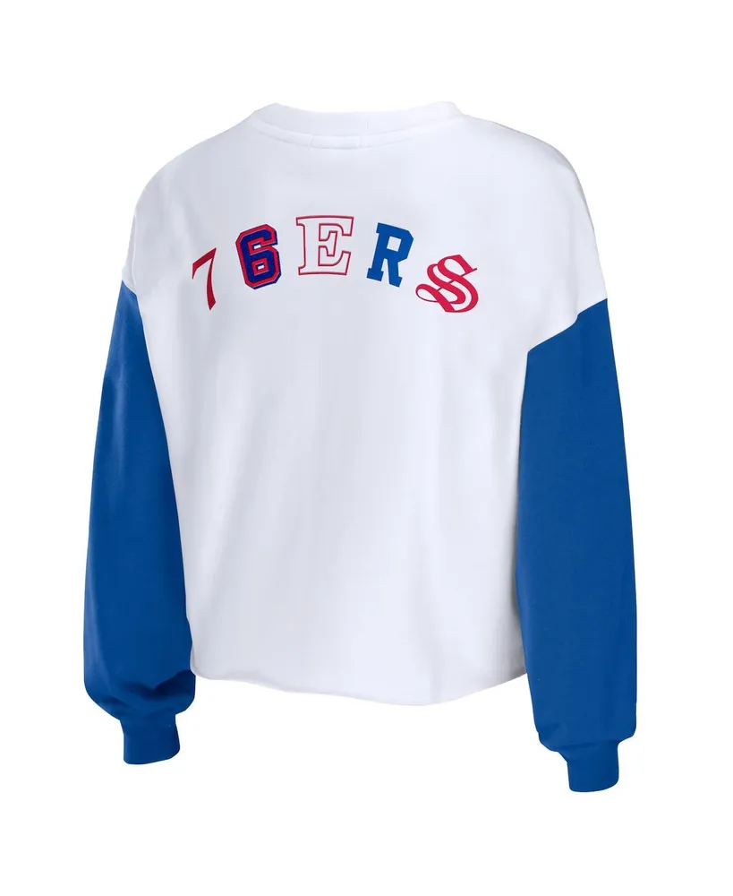 Women's Wear by Erin Andrews Heather Red Philadelphia 76ers Mixed Letter Cropped Pullover Sweatshirt