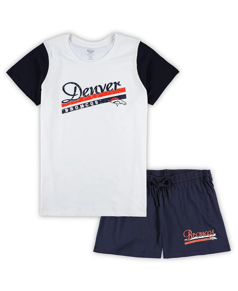 Women's Concepts Sport White, Navy Denver Broncos Plus Downfield T-shirt and Shorts Sleep Set