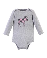 Hudson Baby Girls Cotton Long-Sleeve Bodysuits, Pink Moose, 3-Pack