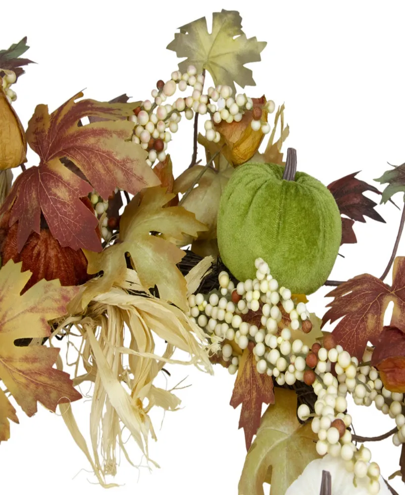 Green Pumpkins and Straw Artificial Fall Harvest Wreath - 24" Unlit