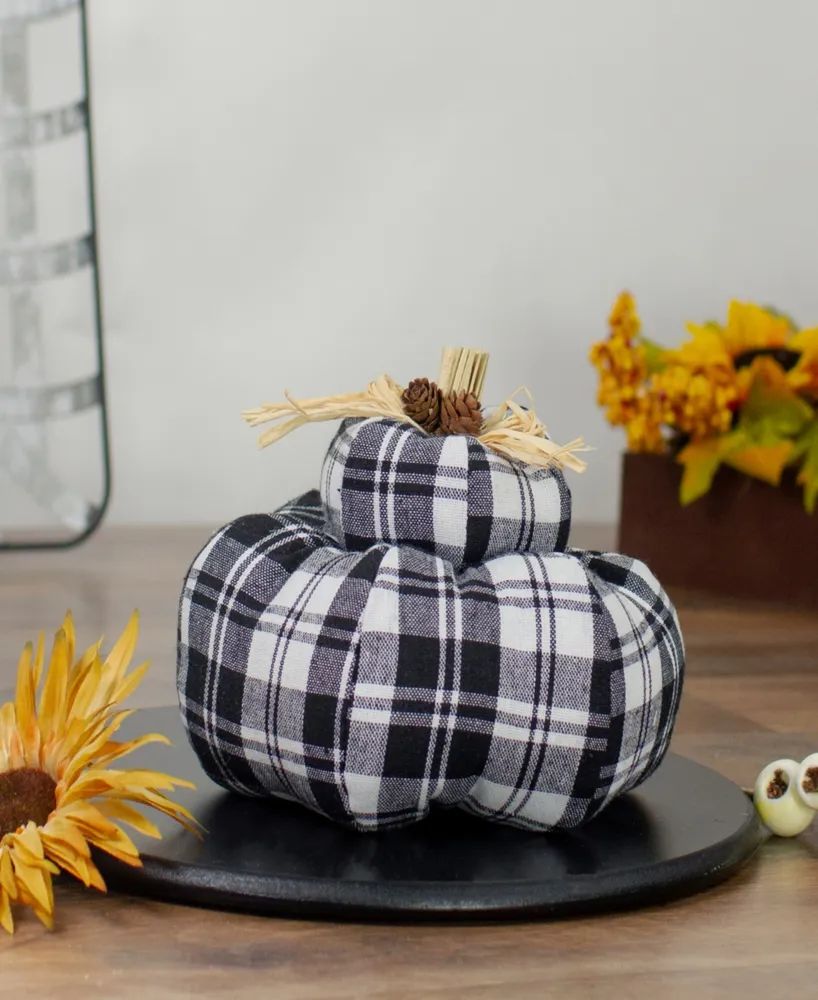 6.5" Black and White Plaid Stacked Fall Harvest Tabletop Pumpkin