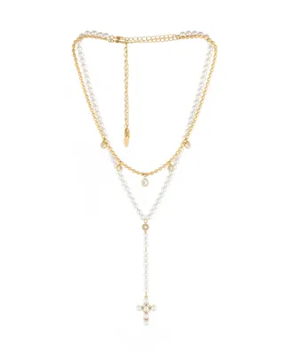 Ettika Imitation Pearl Cross Drop Lariat 18K Gold Plated Necklace Set, 2 Pieces