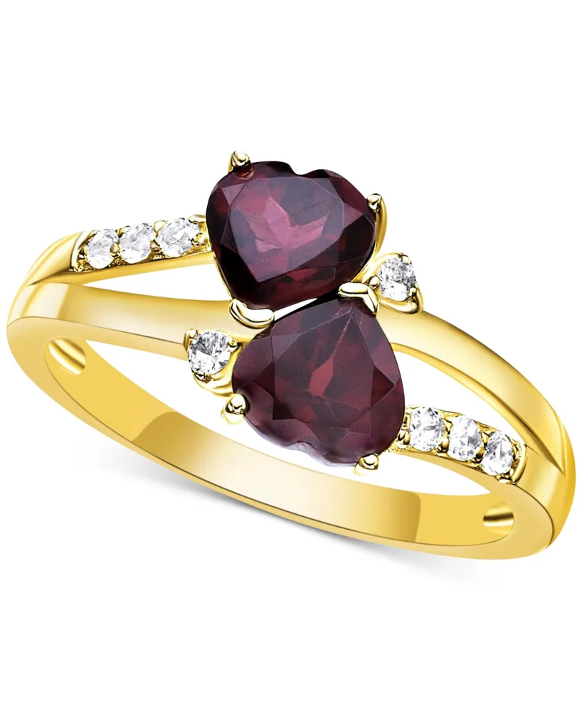 Garnet (2 ct. t.w.) & White Topaz (1/8 ct. t.w.) Double Heart Ring in Gold-Plated Sterling Silver