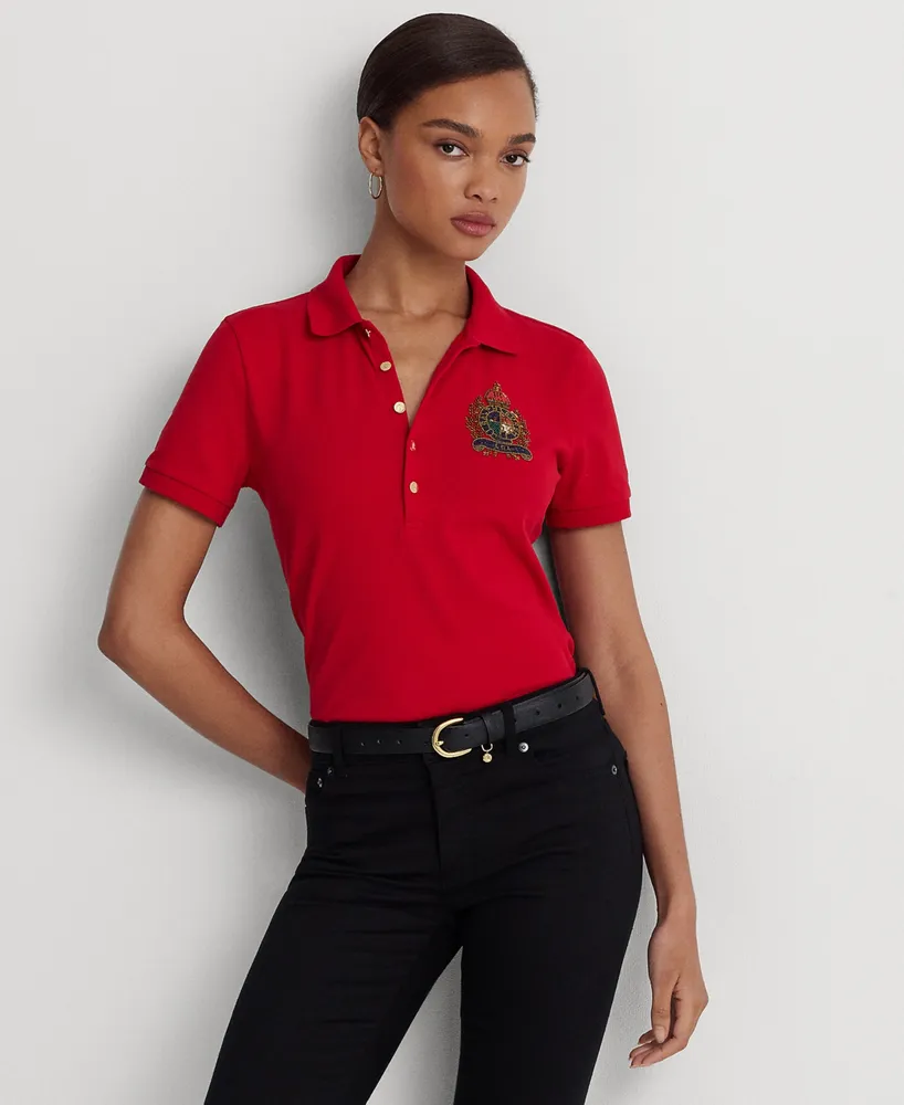 Lauren Ralph Lauren Women's Petite Beaded-Crest Pique Polo Shirt