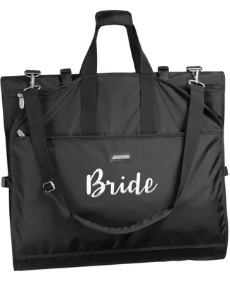 WallyBags 66" Premium Tri-Fold Carry On Destination Wedding Gown Travel Bag with Pockets and Bride Embroidery - Black