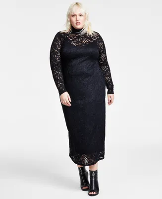 Bar Iii Plus Size Mock Neck Long-Sleeve Lace Midi Dress, Created for Macy's
