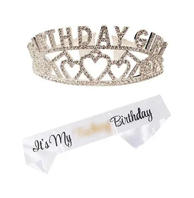 Birthday Sash and Tiara for Women - Glitter Sash and Birthday Girl Rhinestone Silver Metal Tiara, Perfect Party Gifts for Birthday Celebration