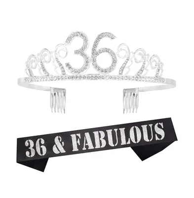 36th Birthday Sash and Tiara for Women - Glitter Sash with Waves Rhinestone Silver Metal Tiara, Perfect 36th Birthday Gifts for Party Celebration