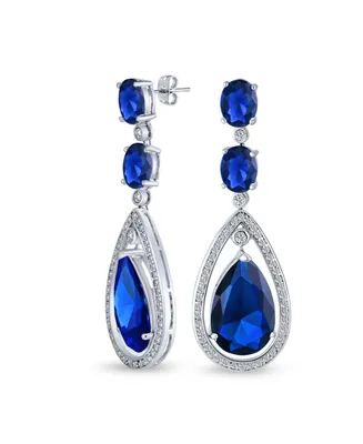 Bling Jewelry Art Deco Style Wedding Simulated Blue Sapphire Aaa Cubic Zirconia Halo Large Teardrop Cz Statement Dangle Chandelier Earrings Pageant Br