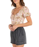 Hurley Juniors' Lily Floral-Print Bubble-Sleeve Cropped Top