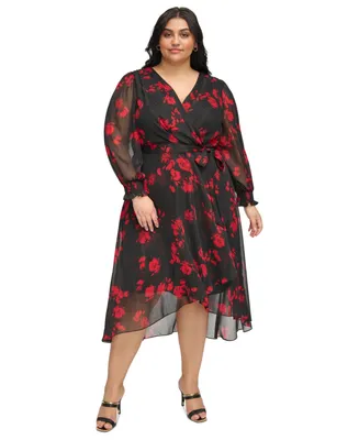 Dkny Plus Size Printed Faux-Wrap Fit & Flare Dress
