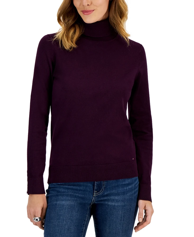 Tommy Hilfiger Women's Cotton Solid Button Cuff Turtleneck Sweater