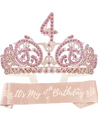 4th Birthday Glitter Sash and Forest Rhinestone Pink Metal Tiara for Girls, Perfect Princess Party Accessories and Birthday Gifts for Your Little Girl