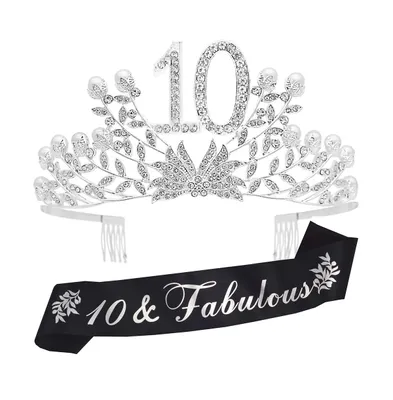 10th Birthday Glitter Sash and Botanic Rhinestone Silver Metal Tiara for Girls