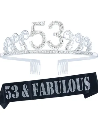 53rd Birthday Sash and Tiara for Women - Glitter Sash with Waves Rhinestone Silver Metal Tiara, Perfect 53rd Birthday Party Gifts and Accessories