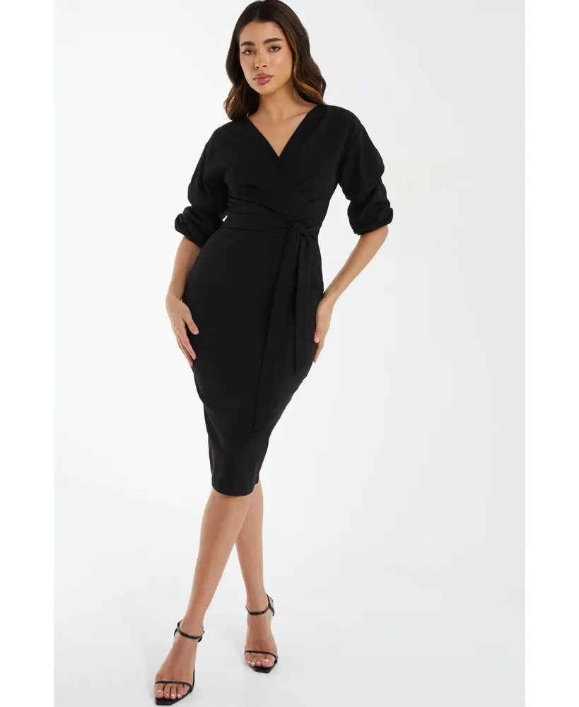 Women's Ruched Sleeve Knee Dress With Tie Waist Belt