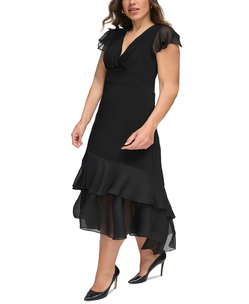 Tommy Hilfiger Women's Plus Flutter-sleeve Ruffle High-low A-line Dress