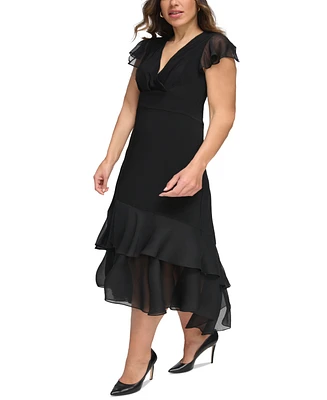 Tommy Hilfiger Women's Plus Flutter-sleeve Ruffle High-low A-line Dress