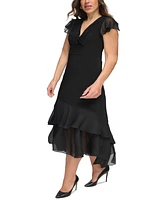 Tommy Hilfiger Women's Plus Flutter-sleeve Ruffle High-low A-line Dress
